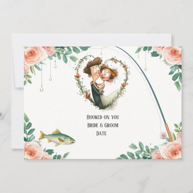 Convite Casamento de amante de pesca com vara e flores (Frente)
