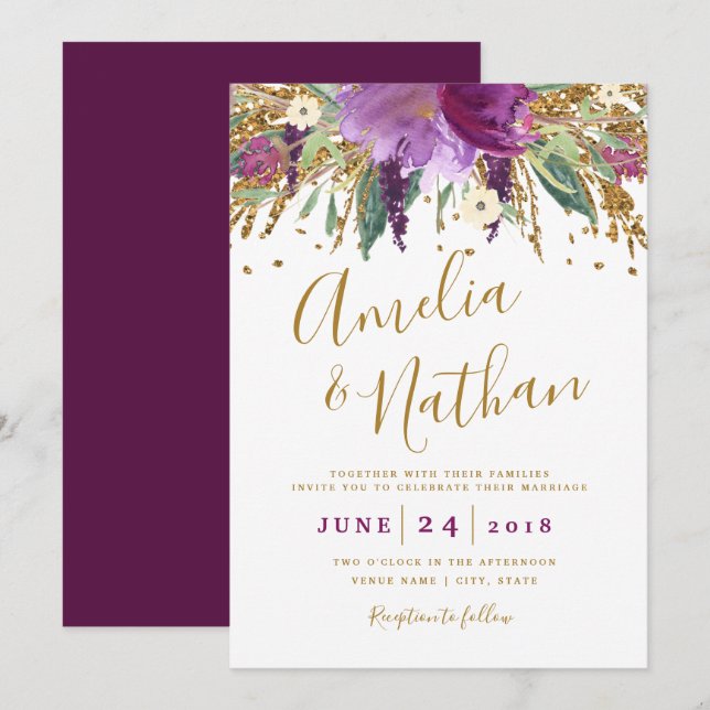 Convite Casamento de Ámbar Brilhante com Brilho Roxo (Frente/Verso)