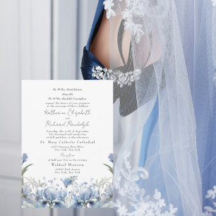 Convite Casamento de Ambos os Pais com Floral Azul Poeiren