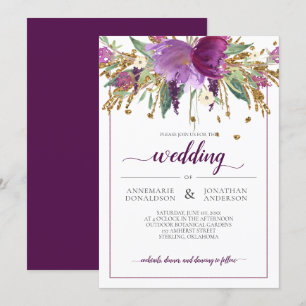 Convite Casamento de Ametista Roxo e Dourado Floral