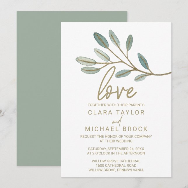 Convite Casamento de Amor Eucalyptus Com Vista Dourada (Frente/Verso)