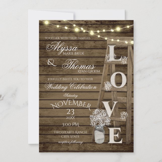 Convite Casamento de Amor Rustic Ladder com detalhes nas c (Frente)