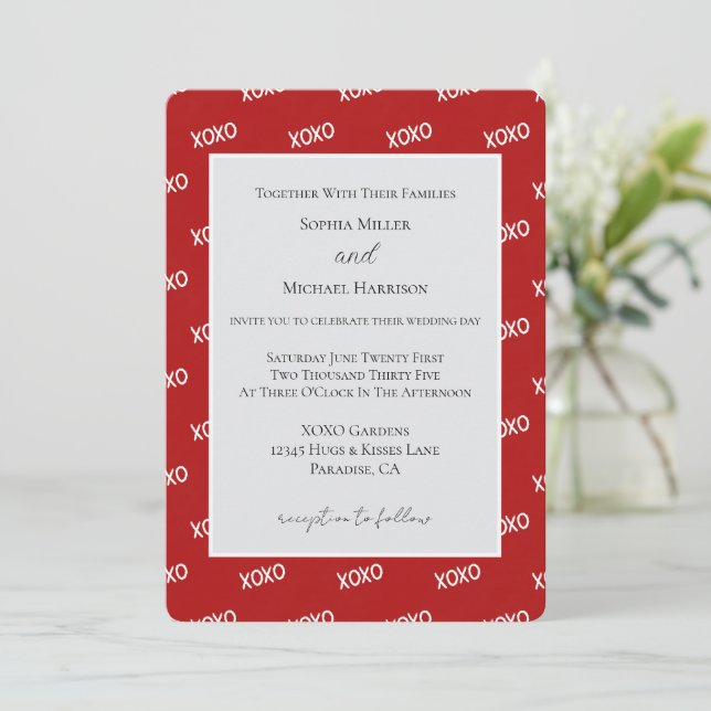 Convite Casamento de Amor Vermelho Branco XOXO (Em pé/Frente)