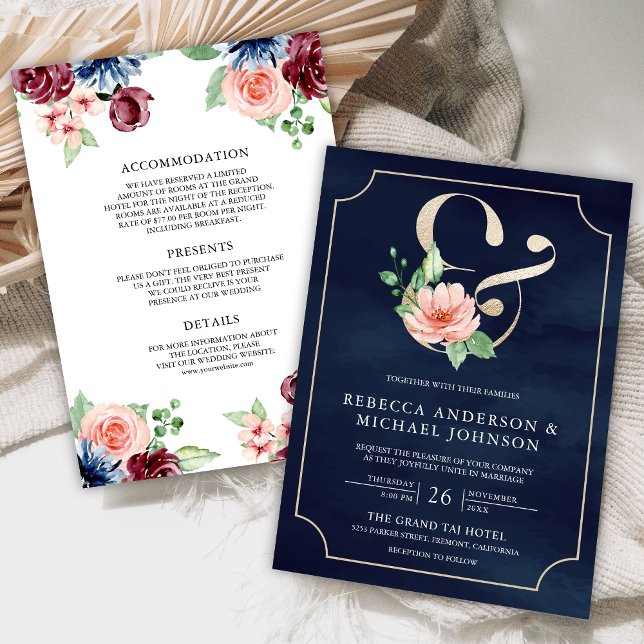 Convite Casamento de Ampersand Floral Floral Azul-Marinho  (Criador carregado)
