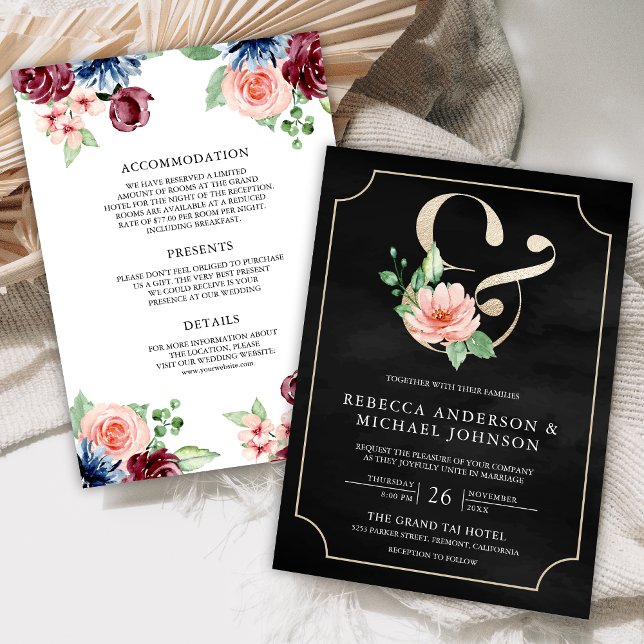 Convite Casamento de Ampersand Floral Preto-Marinho Rosa B (Criador carregado)