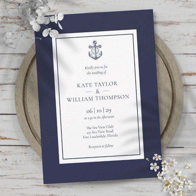 Convite Casamento De Âncora Azul E Branco Marinho Náutico (Nautical Navy Blue And White Anchor Wedding Invitation)