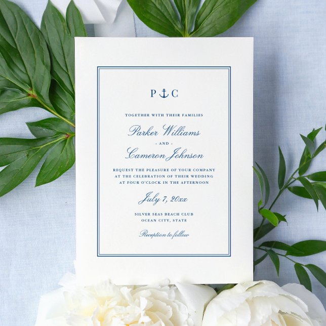 Convite Casamento de Âncora Azul-Marinho Elegante (This elegant anchor monogram wedding invitation matches the Coastal Map Designs Save the dates)