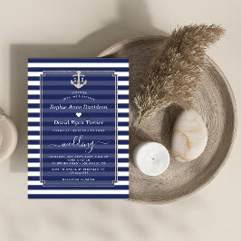 Convite Casamento de Âncora Marinho Náutico Azul Stripes P