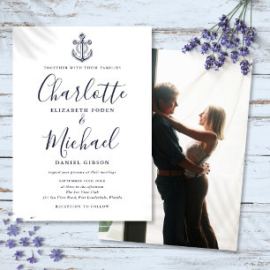 Convite Casamento de Âncora Náutica com Rótulo Azul-Marinh