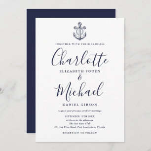 Convite Casamento de Âncora Náutica de Script Azul Elegant