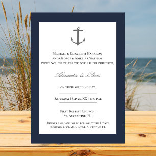 Convite Casamento de Âncora Náutica Simples Azul Marinho