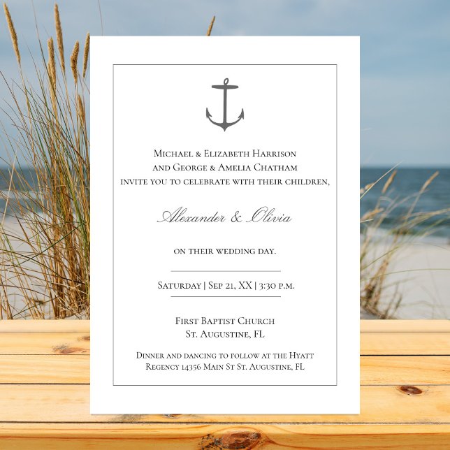 Convite Casamento de Âncora Náutica Simples | Branco (White Simple Nautical Anchor Wedding Invitation)