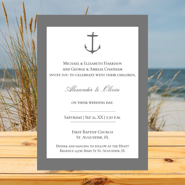 Convite Casamento de Âncora Náutica Simples | CINZAS (Gray Simple Nautical Anchor Wedding Invitation)