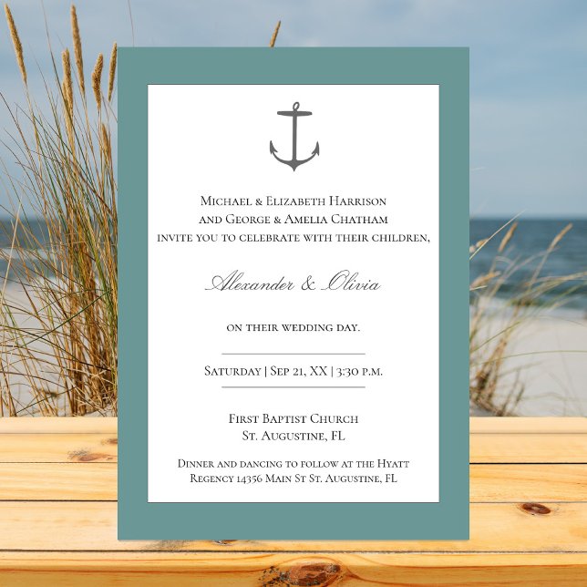 Convite Casamento de Âncora Náutica Simples | Teal (Teal Simple Nautical Anchor Wedding Invitation)