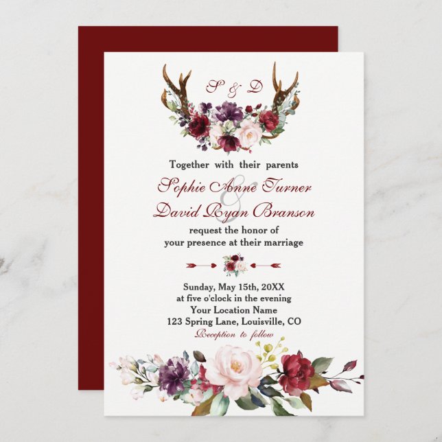 Convite Casamento de Anéis Florais com Blush Burgundy (Frente/Verso)