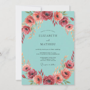 Convite Casamento de Anêmona Aquamarinho Carmesim