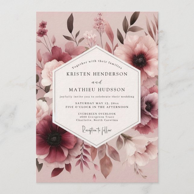 Convite Casamento de Anêmona Aquarela Rosa (Frente)
