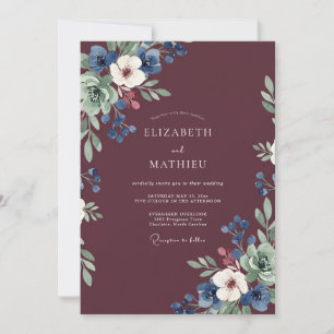 Convite Casamento de Anêmona Azul-Marinho Vinho