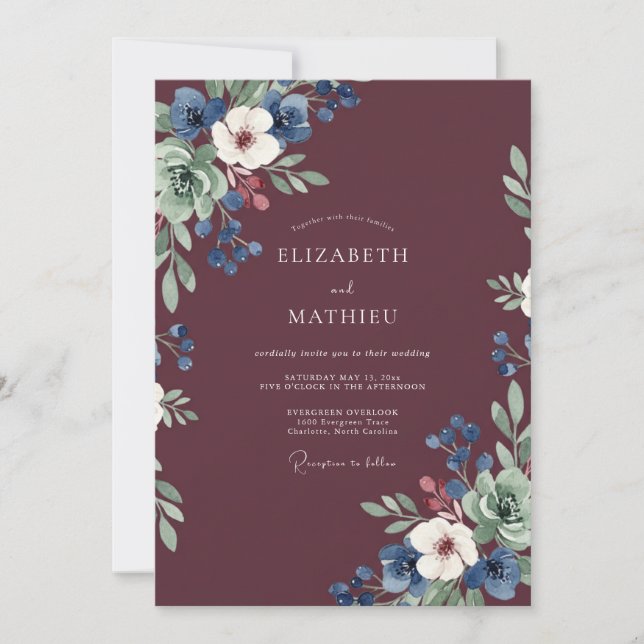 Convite Casamento de Anêmona Azul-Marinho Vinho (Frente)
