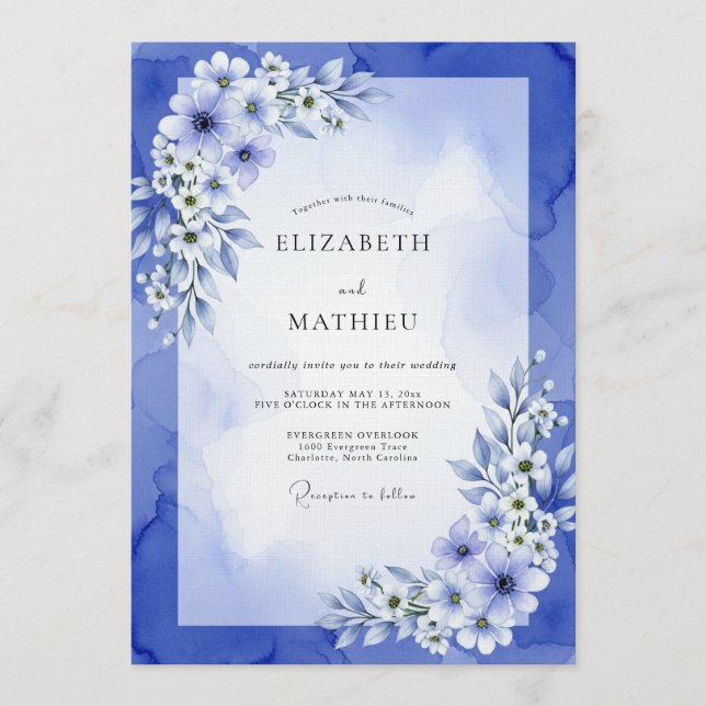 Convite Casamento de Anêmona Azul Pintado (Frente)