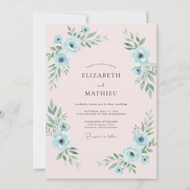 Convite Casamento de Anêmona Azul Pó (Frente)