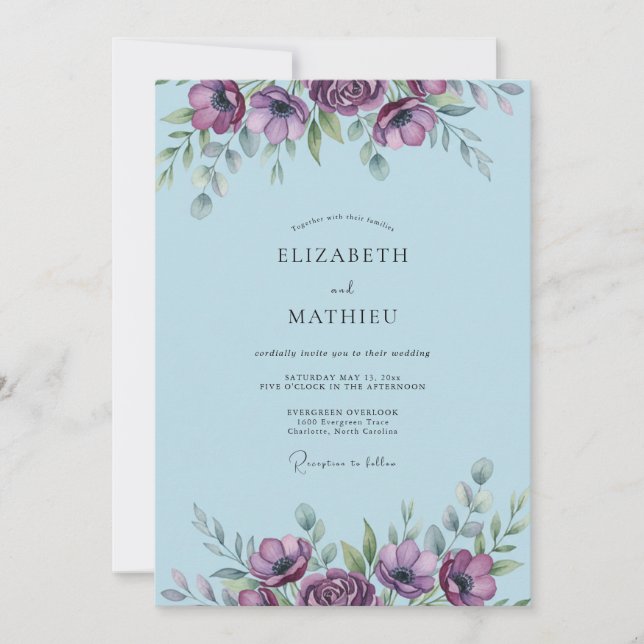 Convite Casamento de Anêmona Azul Slate em Pó (Frente)