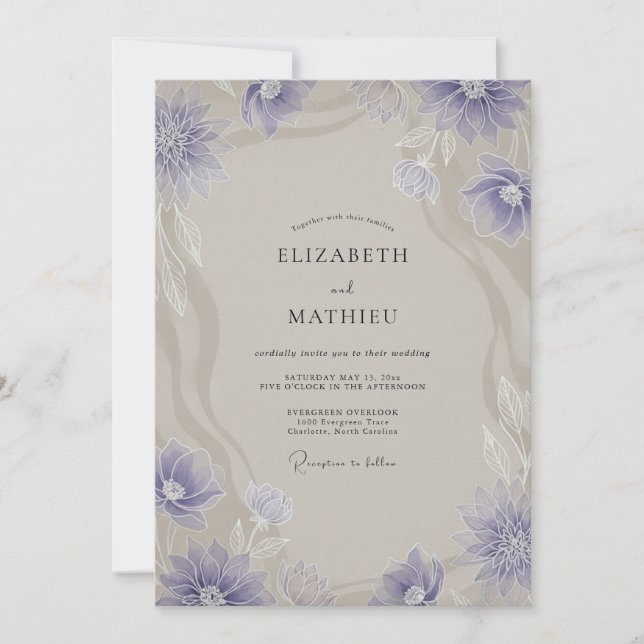 Convite Casamento de Anêmona Bege Azul-Marinho (Frente)