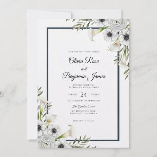 Convite Casamento de Anêmona Branca Marfim à Meia-Noite