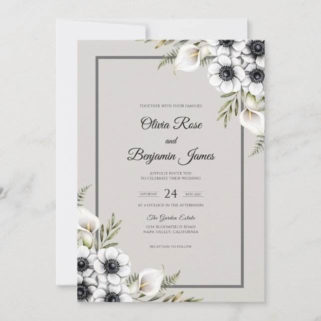 Convite Casamento de Anêmona Branco Creme (Frente)