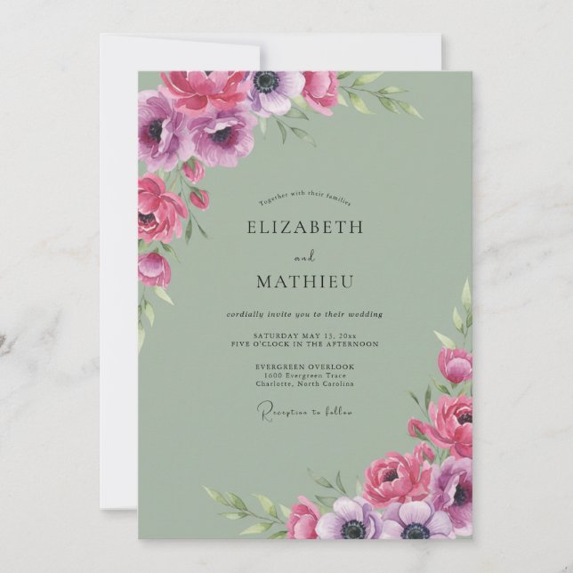 Convite Casamento de Anêmona Celadon Magenta (Frente)