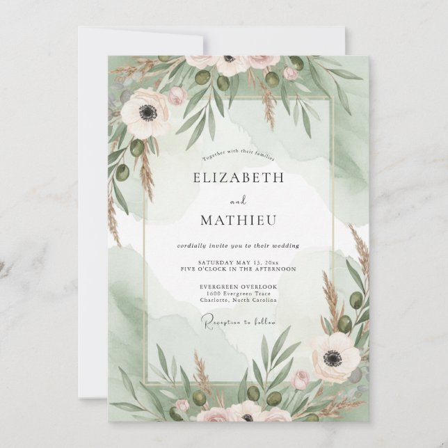 Convite Casamento de Anêmona com Blush Mint (Frente)