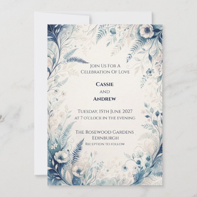 Convite Casamento de Anêmona com Samambaia Florestal Azul (Frente)