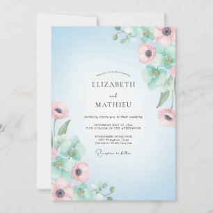 Convite Casamento de Anêmona Elegante Céu Azul