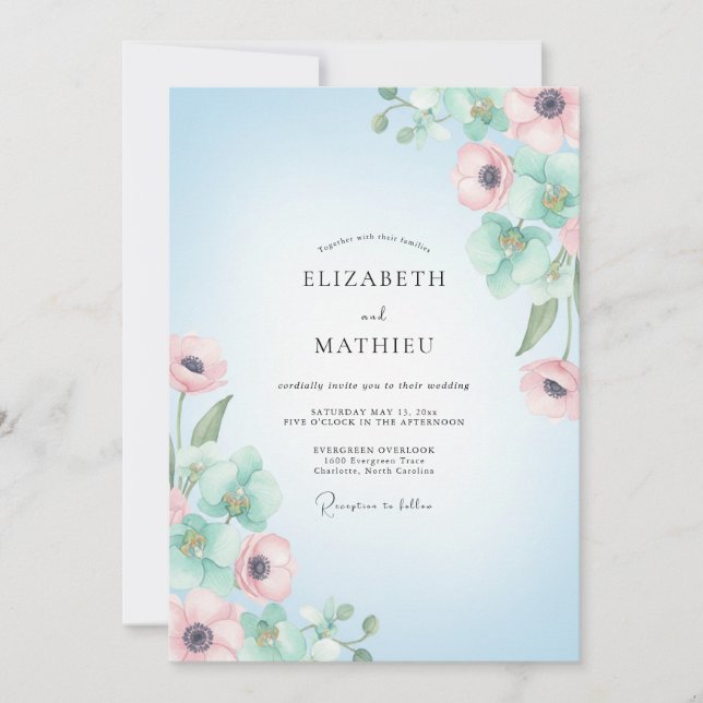 Convite Casamento de Anêmona Elegante Céu Azul (Frente)