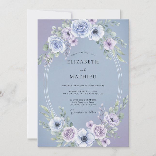 Convite Casamento de Anêmona Lavanda Azul-marinho (Frente)