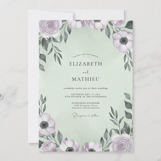 Convite Casamento de Anêmona Lilás com Espuma do Mar (Frente)