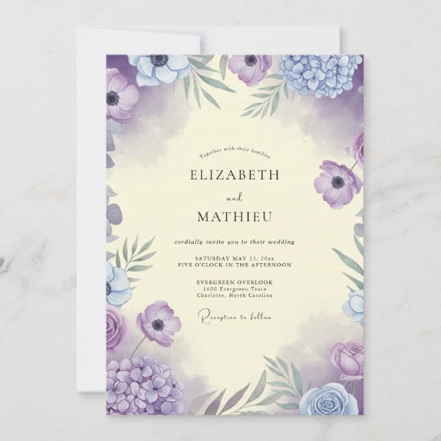Convite Casamento de Anêmona Lilás Lavanda (Frente)