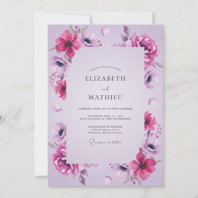 Convite Casamento de Anêmona Lilás Magenta (Frente)