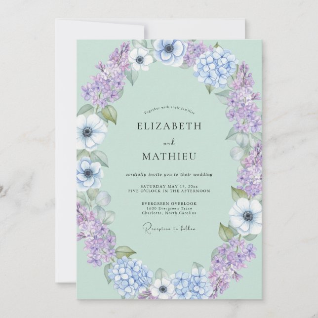 Convite Casamento de Anêmona Lilás Menta (Frente)