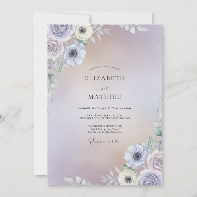 Convite Casamento de Anêmona Lilás Roxo-azulado (Frente)