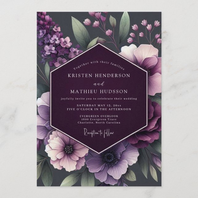 Convite Casamento de Anêmona Plum Moody (Frente)