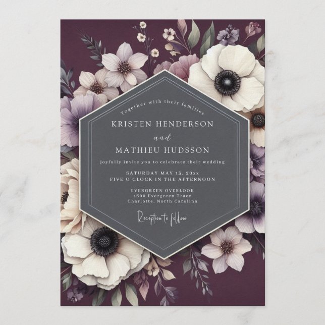 Convite Casamento de Anêmona Plum Noir (Frente)
