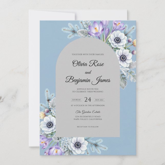 Convite Casamento de Anêmona Prata e Periwinkle (Frente)