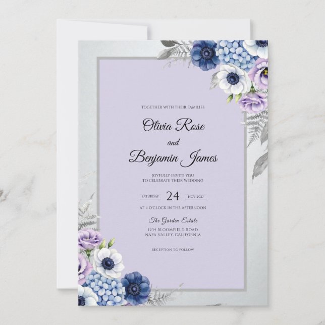 Convite Casamento de Anêmona Prata Lavanda (Frente)