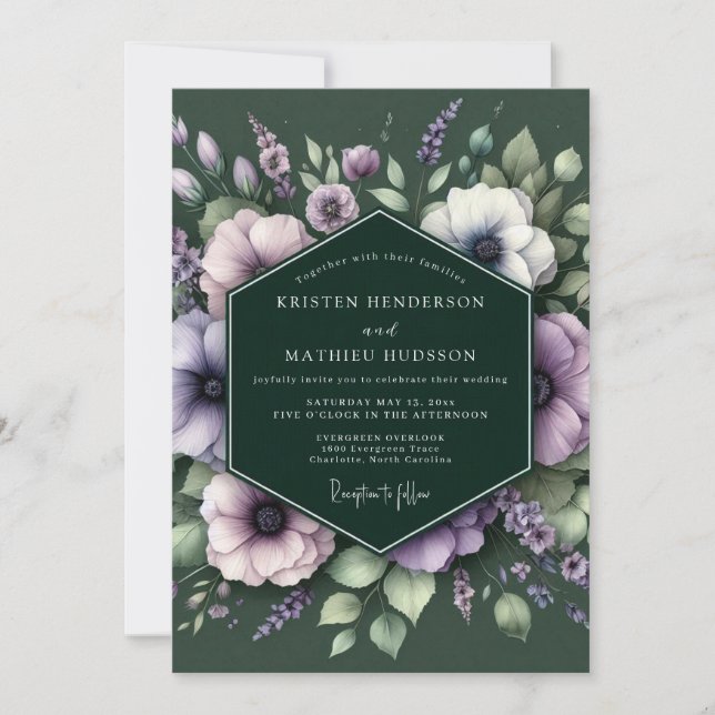 Convite Casamento de Anêmona Roxa Esmeralda (Frente)
