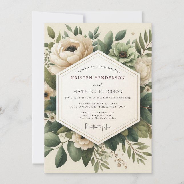 Convite Casamento de Anêmona Vintage Sage (Frente)