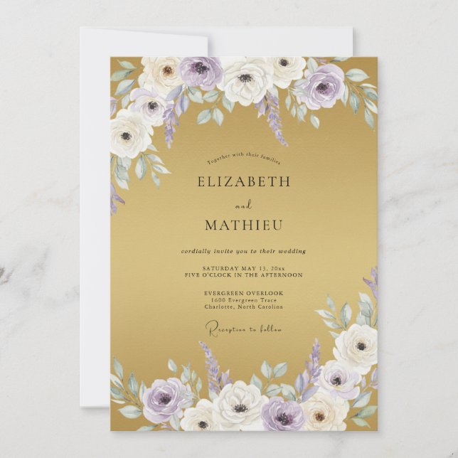 Convite Casamento de Anêmona Violeta Dourada (Frente)