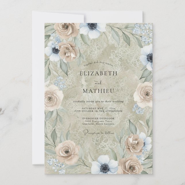Convite Casamento de Ânemonas Pérola Taupe (Frente)