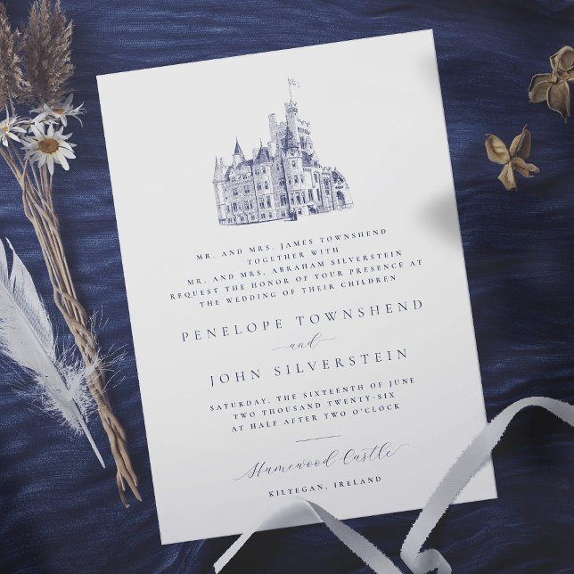 Convite Casamento de Anfitrião de Ilustração do Castelo El (In Situ. Wedding invitation w/ vintage castle illustration, text denotes that both parents hosting)