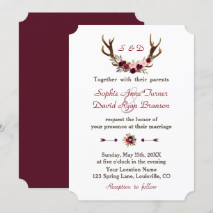 Convite Casamento de Antadores Florais Chic Burgundy Marsa